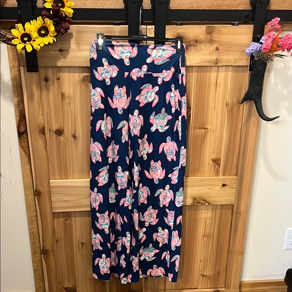 Simply Southern Navy Wide Leg Pants with Pink Floral Turtle Print